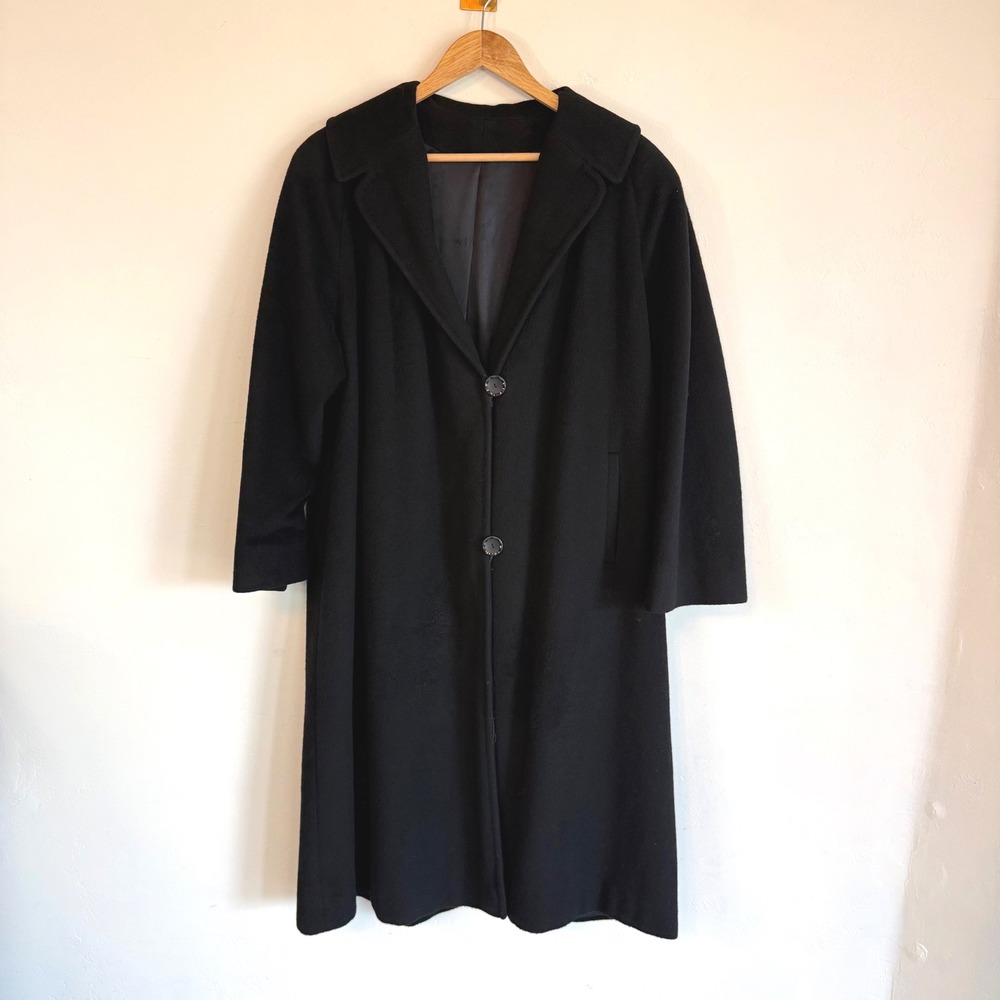 Einiger 24K 100% Cashmere Long Coat Black Vintage Luxury 60s 3/4 Sleeve L XL